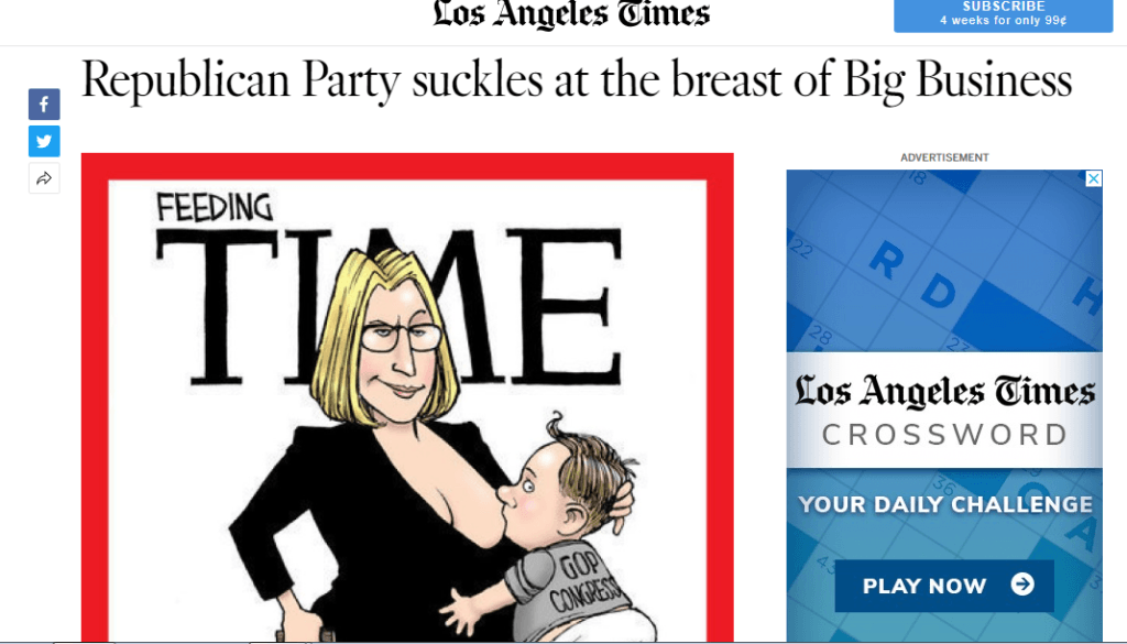 Los Angeles Times का लेख का स्क्रीन शॉट जिसमें ऑरिजनल कार्टून प्रकाशित हुआ