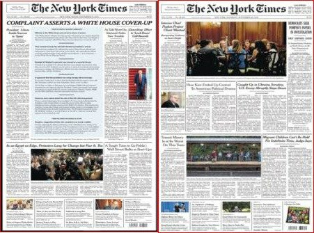 27-28 सितंबर को प्रकाशित न्यूयॉर्क टाइम्स के फ्रंट पेज का स्क्रीन शॉट