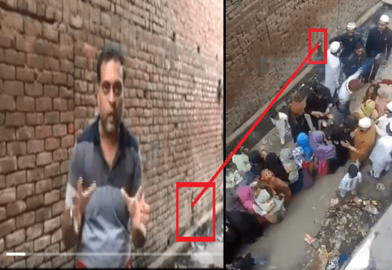 बांए हाथ पर चंद्रमोहन और उनके पीछे दीवार , दांए हाथ की तस्वीर वायरल वीडियो की है जिसमें लाइन में महिलाएं औऱ दीवार