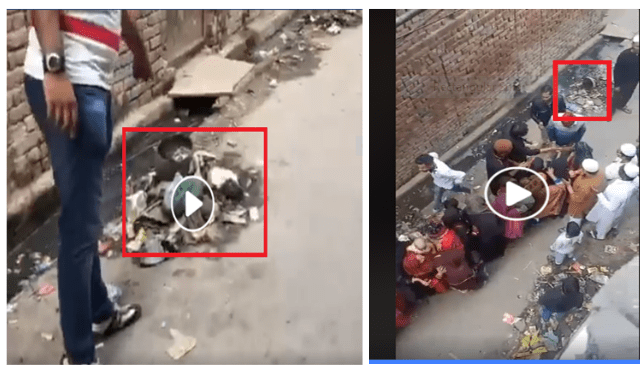 बांए हाथ की तस्वीर में दीवार से सटी नाली से लगा हुआ कुड़े का ढेर और दांए हाथ पर वायरल वीडियो में कूड़े का ढेर